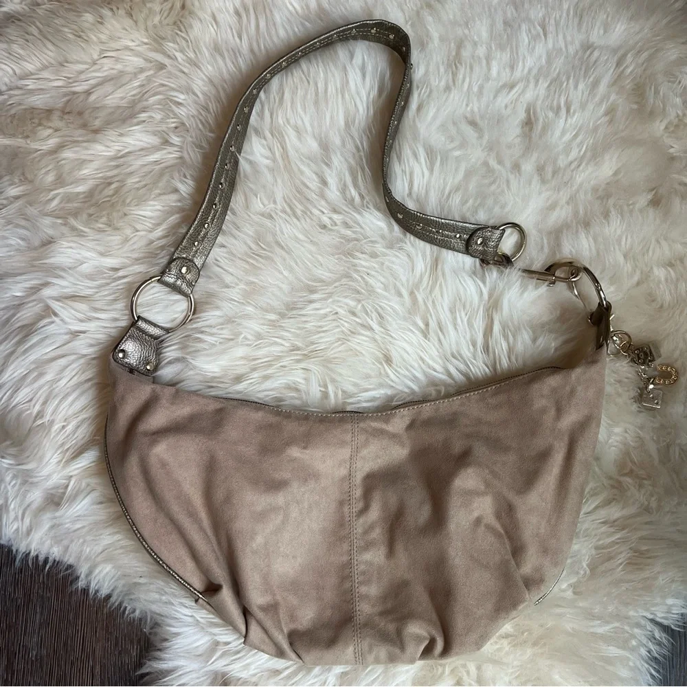 Vintage Hobo Sling Microsuede tan bag handbag bag charms flare studs embellished